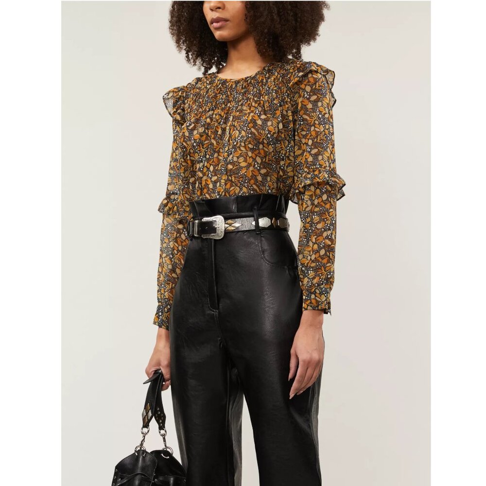 BA&SH Smoky Top / Size 1 / US 4 / Carbone Smocked Leave-Print Chiffon Blouse